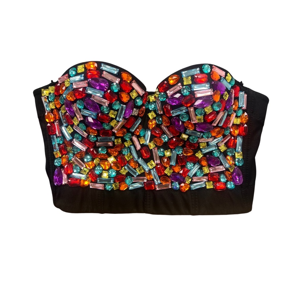 Charmian Embellished Bustier Top Womens Large Black Multi Color Jeweled Festival